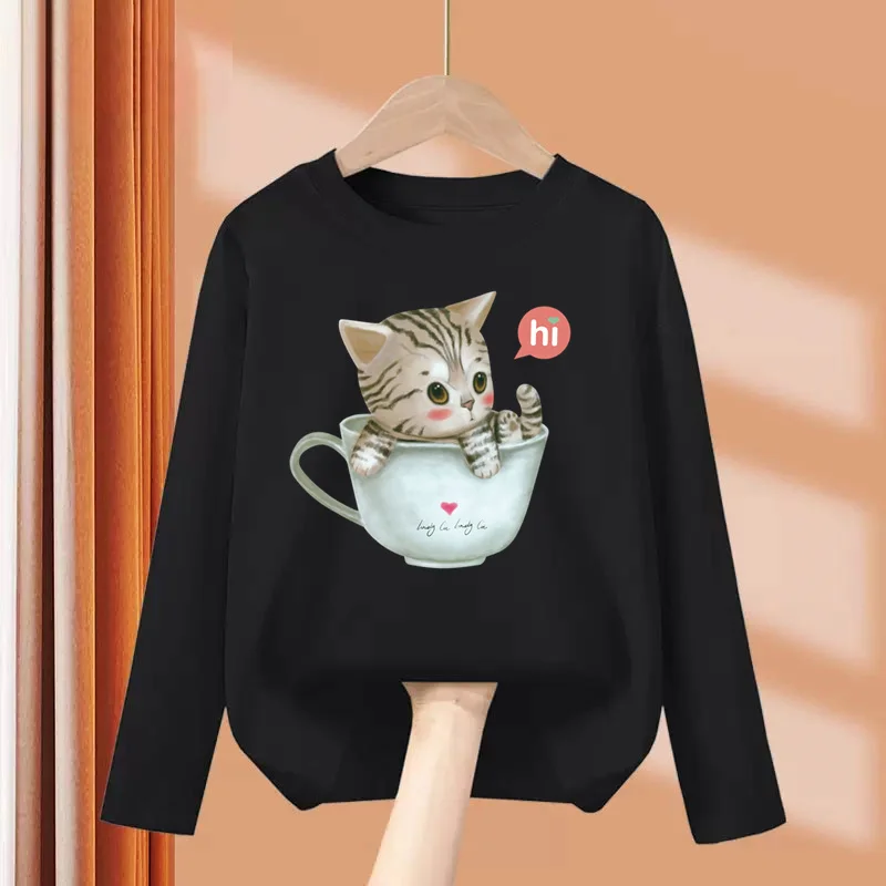 Top Trends: Aimi Lakana Kids Kitty Animal T-Shirt Girls Long Sleeve Tops Cute Cat Clothes Spring Autumn Cotton Tees 3T-14T Shoppable Styles