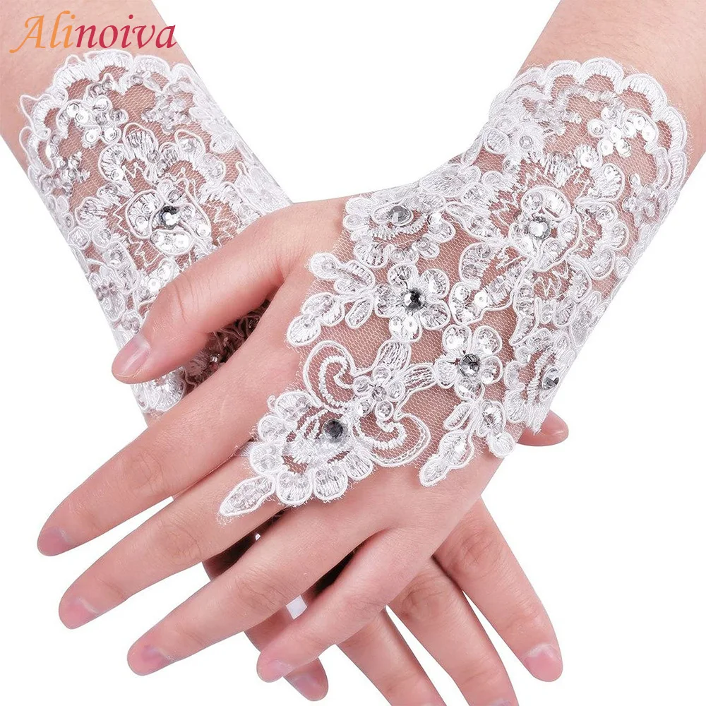 Top Trends: Elegant High Quality Ivory Short Paragraph Lace Fingerless Rhinestone Bridal Gloves For Wedding Party Sexy Accessories Shoppable Styles