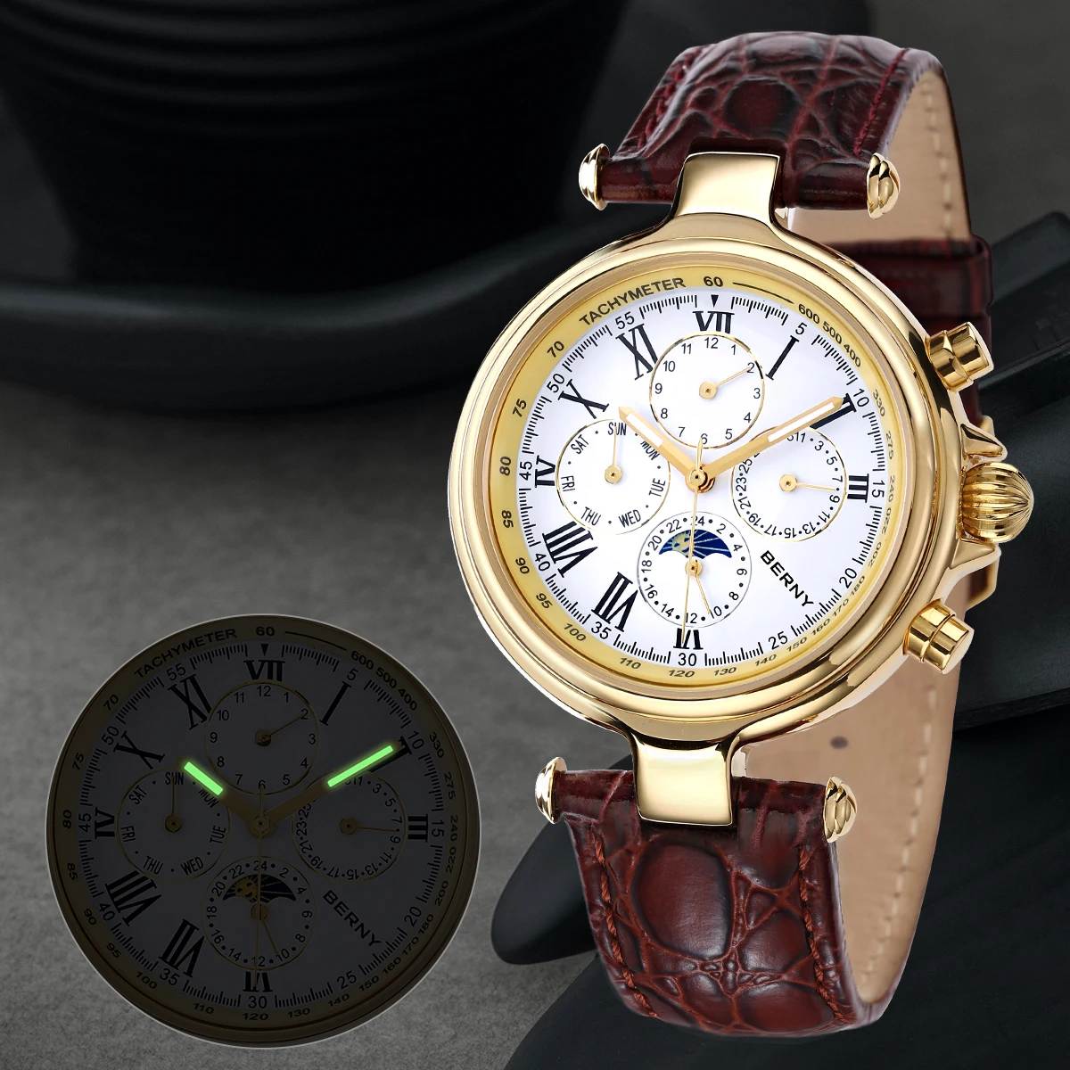 Top Trends: BERNY Automatic Retro Watch For Men Sun&amp;Moon Phase Luxury Mechanical Wristwatch Luminous Seagull ST1652 Men Dress Classic Watch Shoppable Styles