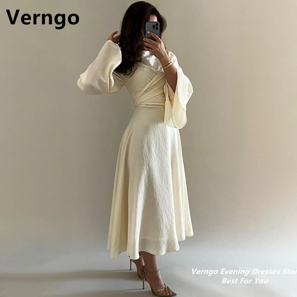 Top Trends: Verngo Long Sleeves Chiffon O Neck Criss Cross Dress For Women O Neck A Line Long Arabic Evening Gown Pleat فساتين مناسبة رسمية Shoppable Styles