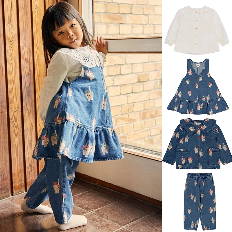 Top Trends: 2023 New Autumn Winter Girls Denim Outwear Dress Pants Suit Kid Blue Outwear KS Printing Dress Children&#039;s Clothing Set Shoppable Styles