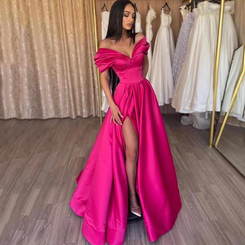 Top Trends: Elegant Off The Shoulder Satin Prom Dress Arabic Dubai Pleat High Split Formal Party Dress Backless Floor Length Evening Dresses Shoppable Styles