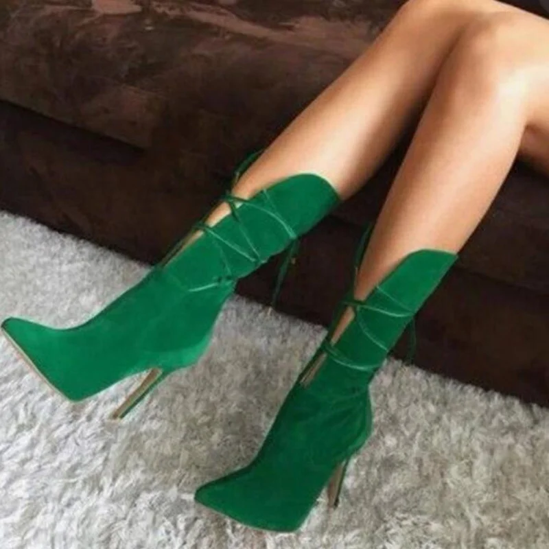 Top Trends: Sexy High Heels Green Boots For Women Lace Up Mid Calf Booties Pointed Toe Fashion Flock Lady Party Shoes Spring Female Botas Shoppable Styles