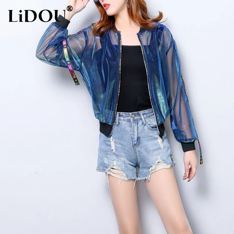 Top Trends: Summer Long Sleeve Sunscreen Clothing Women Thin Style Bright Silk Screw Thread Zipper Jacket Ladies Fashion Loose Baseball Coat Shoppable Styles