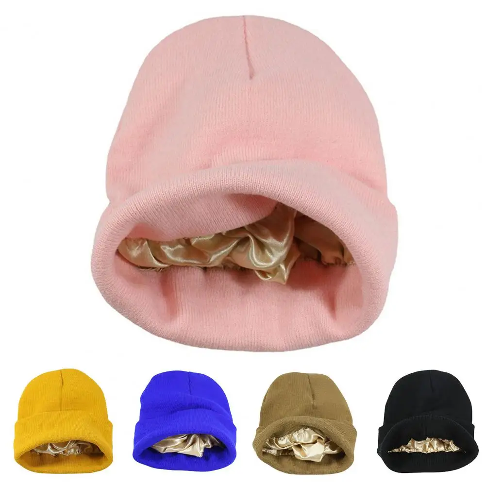 Top Trends: Winter Silk Satin Lined Knit Beanie Hats Women Thermal Hat No Brim Stretch Coldproof Knitting Warm Beanie Hat Streetwear Shoppable Styles