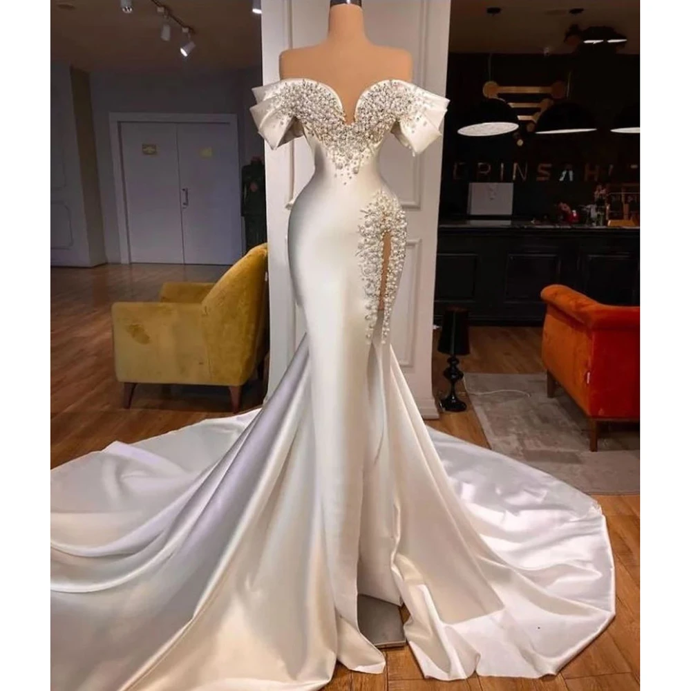 Top Trends: STEVDITG Elegant Women Wedding Dress Satin Fashion Sweetheart Pearls Beading Side Slit Court Train Mermaid Gown Bride Dress Shoppable Styles