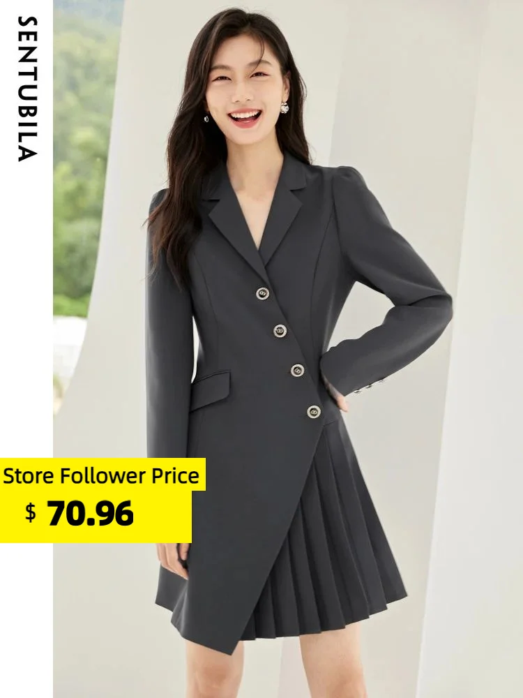 Top Trends: Sentubila Patchwork Pleated Blazer Dress For Women 2023 Autumn Office Ladies Formal Deep Grey Elegant Notched Dresses 133L50550 Shoppable Styles