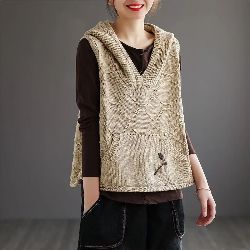 Top Trends: Casual Hooded Knitted Jumpers Women&#039;s Clothing Sleeveless Spring Summer New Vintage Solid Color Fashion Embroidery Sweater Vest Shoppable Styles