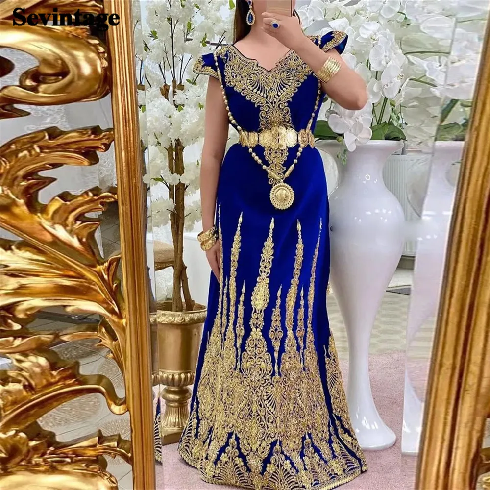 Top Trends: Sevintage Royal Blue Velvet Karakou Algerian Mermaid Evening Dress V-Neck Lace Applique Muslim Formal Prom Gown Vestidos De Gala Shoppable Styles