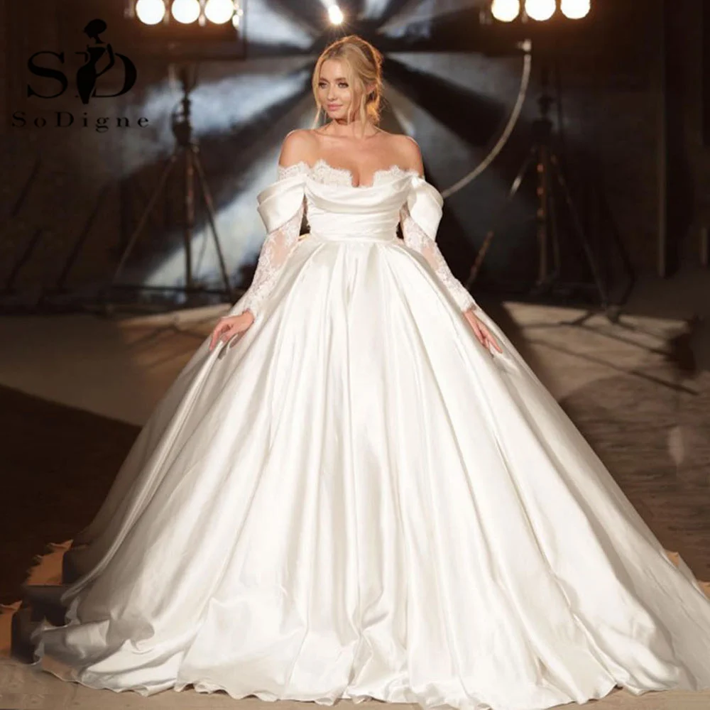 Top Trends: SoDigne Elegant Satin Wedding Party Dresses Women Lace Princess Long Sleeves Bride Dress Sweetheart Wedding Gowns Shoppable Styles