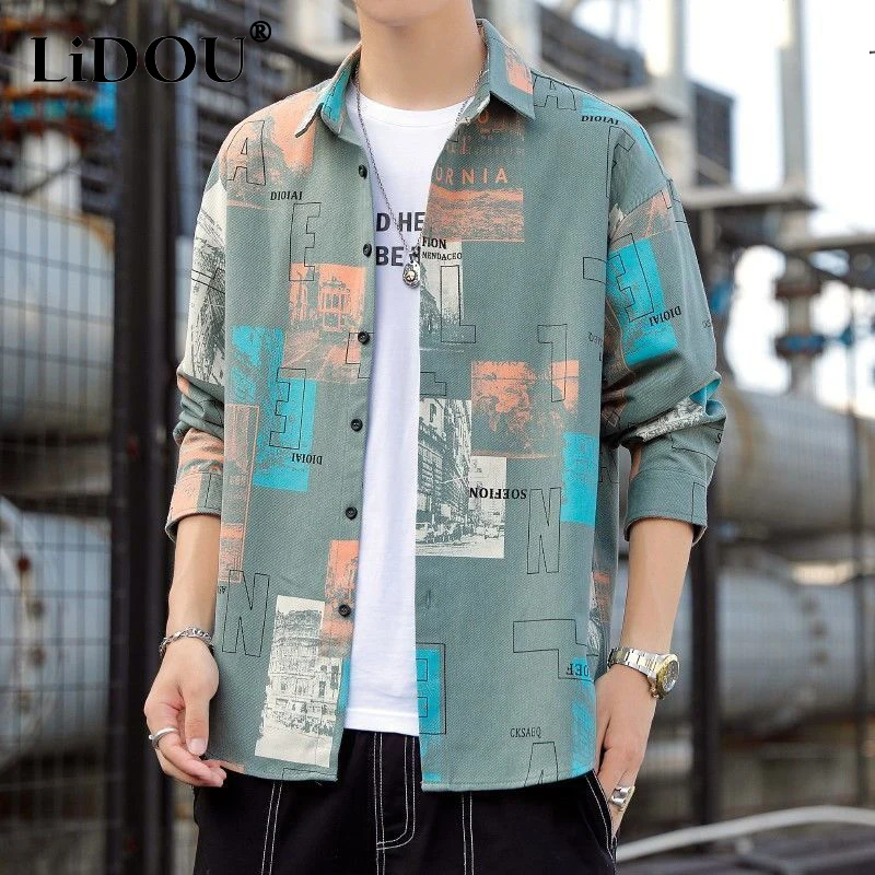 Top Trends: Autumn Winter Print Fashion Letter Y2K Blouse Man Long Sleeve Loose Casual All Match Male Shirt Korean Trend Streetwear Clothes Shoppable Styles