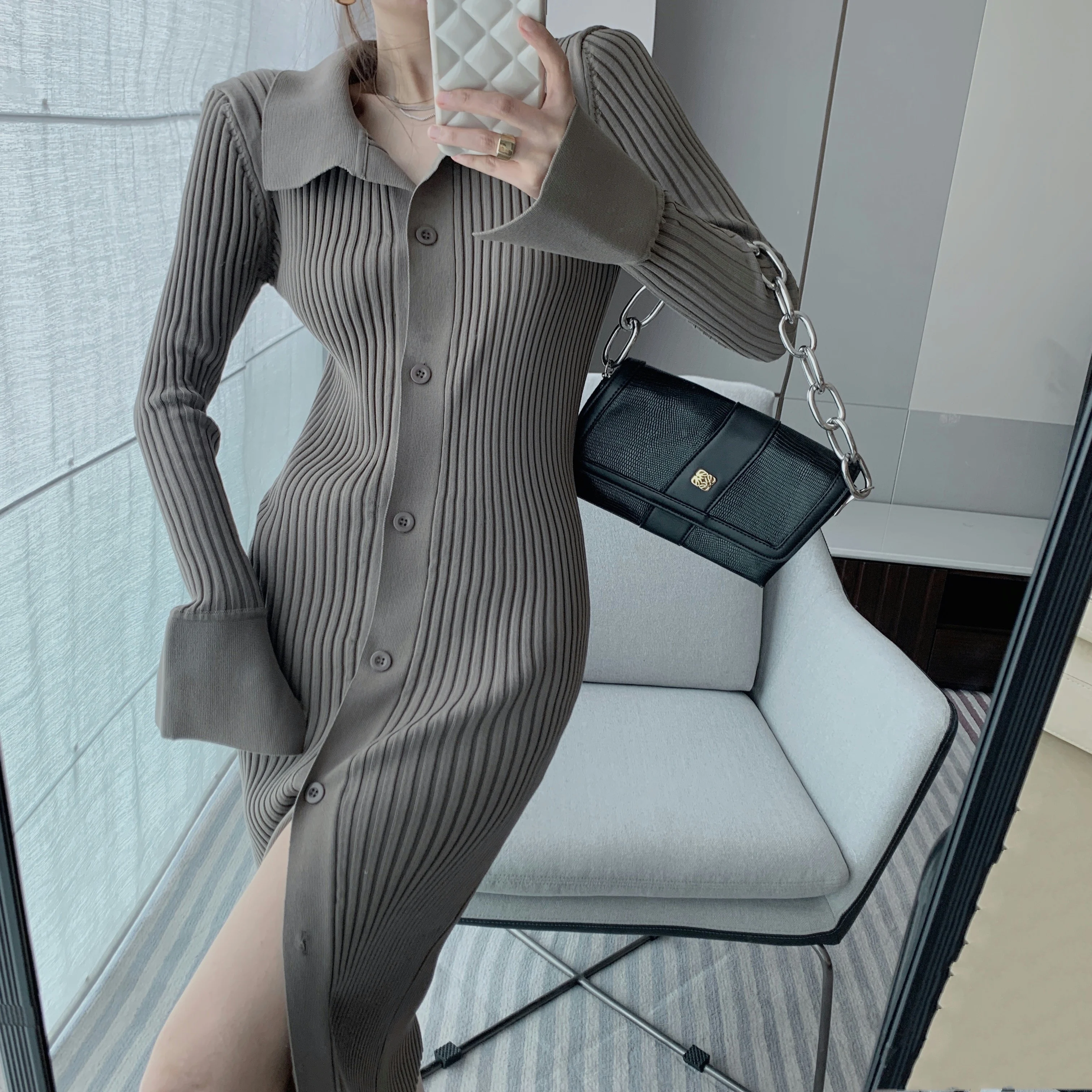 Top Trends: 2022 New Winter Knitted Dress Women Long Sleeve Warm Korean Midi Ladies Dresses Fo Solid Button Vintage Sweater Dress Shoppable Styles