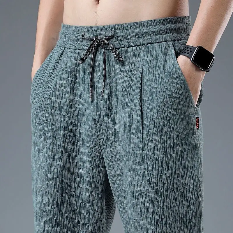 Top Trends: Spring Summer Men Cotton Hemp Ice Silk Pants Streetwear Fashion Male Basic Elastic Waist Loose Sports Straight Casual Trousers Shoppable Styles