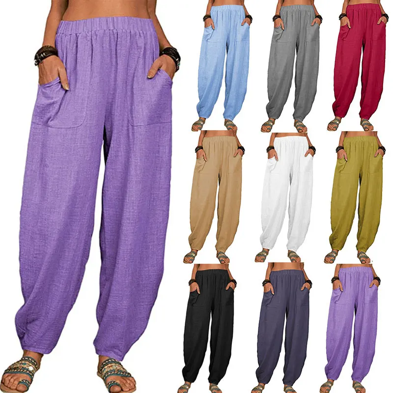 Top Trends: Cotton Linen Pants For Women Summer Loose Casual Harem Pants Trousers Vintage Pockets Elastic Wide Leg Female Trousers Oversize Shoppable Styles