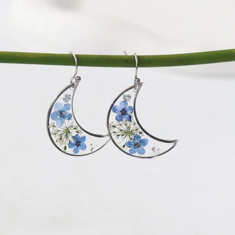 Top Trends: Cute Moon Earring With Flower Unique Epoxy Resin Pressed Natural Flower Earrings Women Creative Star Statement Earring Wholesale Shoppable Styles