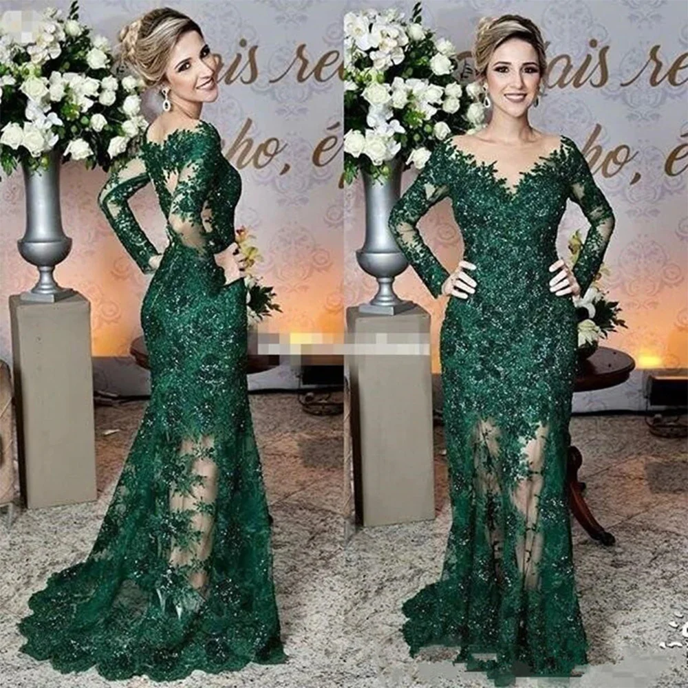 Top Trends: Dark Green Lace Mermaid Full Sleeves O-Neck Mother Of Bride Dresses Sequined Summer Court Train Fashion Wedding Party Gowns Shoppable Styles