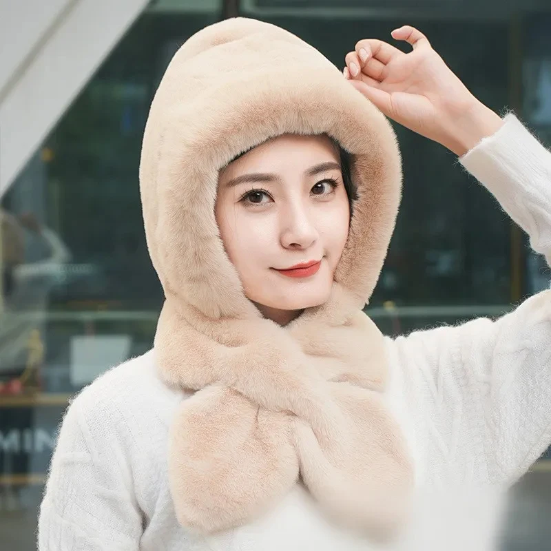 Top Trends: Women Winter Hood Beanies Thick Plush Scarf Hat Set Outdoor Ski Windproof Warm Headgear Solid Fluffy Fur Female Earmuffs Cap Shoppable Styles - Image 5