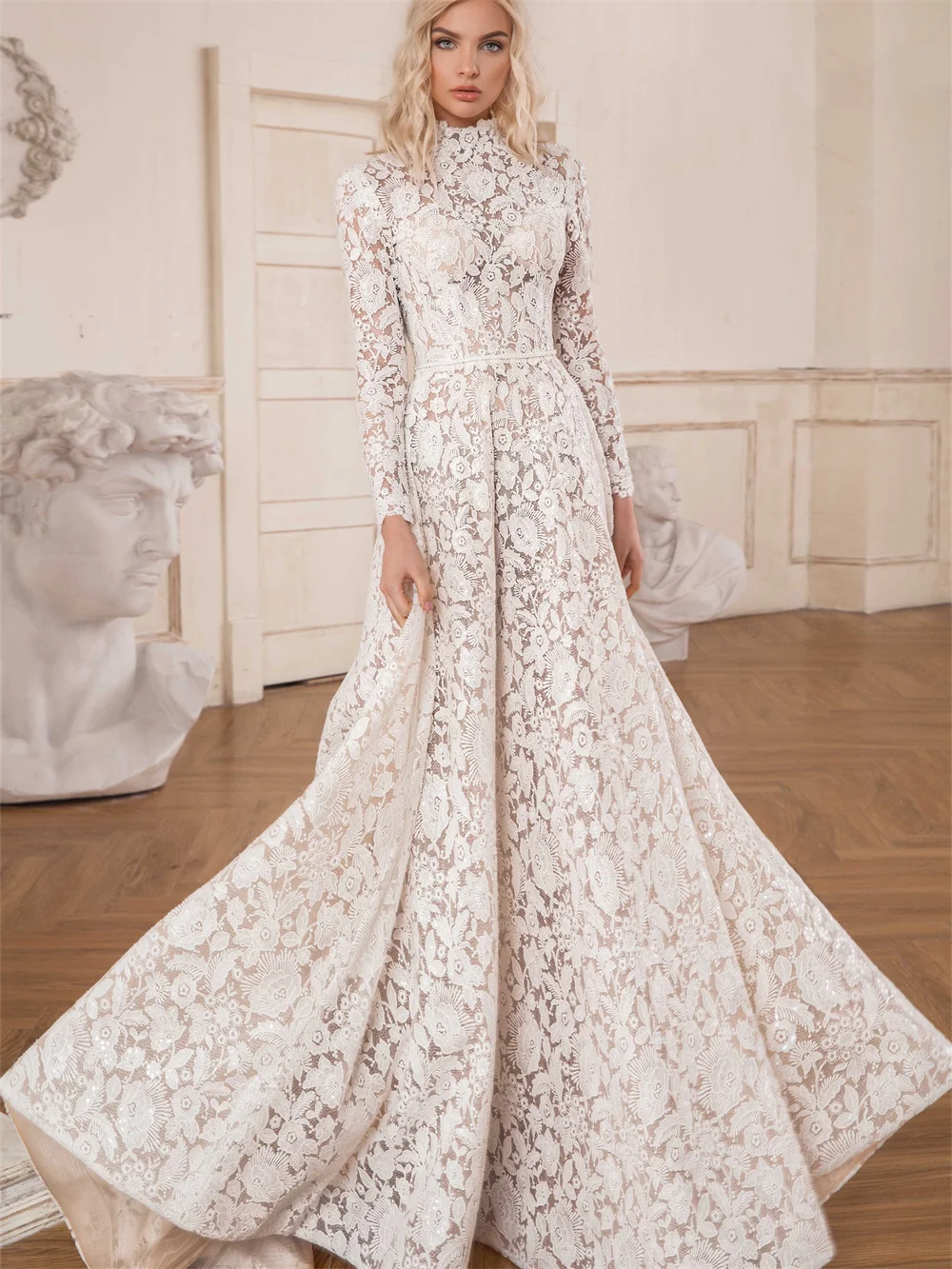 Top Trends: Classic Lace Boho Wedding Dress 2024 Elegant Long Sleeve A-Line Dress Classic Crew Neck Floor Length Gowns Vestidos De Novia Shoppable Styles