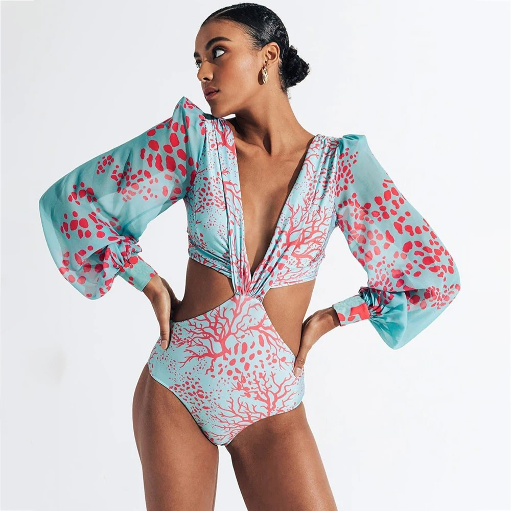 Top Trends: Women's V Neck Print Cutout One Piece Swimsuits 2023 Sexy Bikini Set Long Sleeve Swimwear Monokini Luxury Bathing Suit Beachwear Shoppable Styles