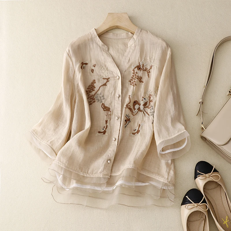 Top Trends: Cotton Linen Women's Shirts Summer 2023 New Embroidery Chinese Style Blouses Loose Short Sleeves Top Vintage Clothing YCMYUNYAN Shoppable Styles