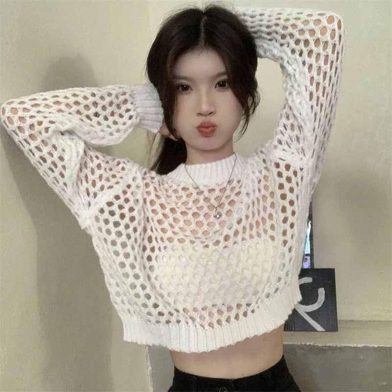 Top Trends: Crop Top 2023 New Fashion Sexy Summer Thin Knitted Hollow Out Women White Mesh Pullovers Chic Harajuku Oversized White Clothing Shoppable Styles