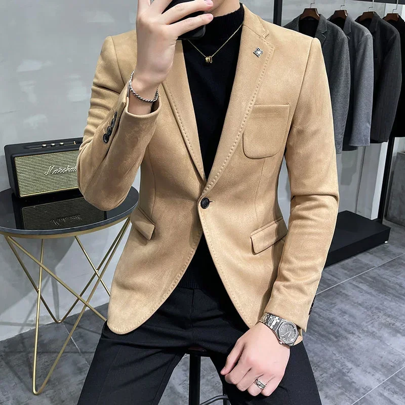 Top Trends: Deerskin Leather Jacket Blazer Men Casual Slim Fit Blazer Hombre Suit Leather Jacket Men Terno Masculino Men Clothing 6 Color Shoppable Styles