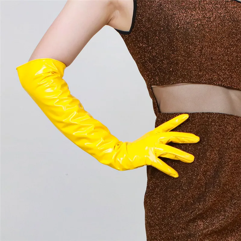 Top Trends: Patent Leather Gloves Female 28cm Faux Leather Imitation Sheepskin PU Women Gloves Bright Banana Yellow Cosplay HPU49 Shoppable Styles - Image 3