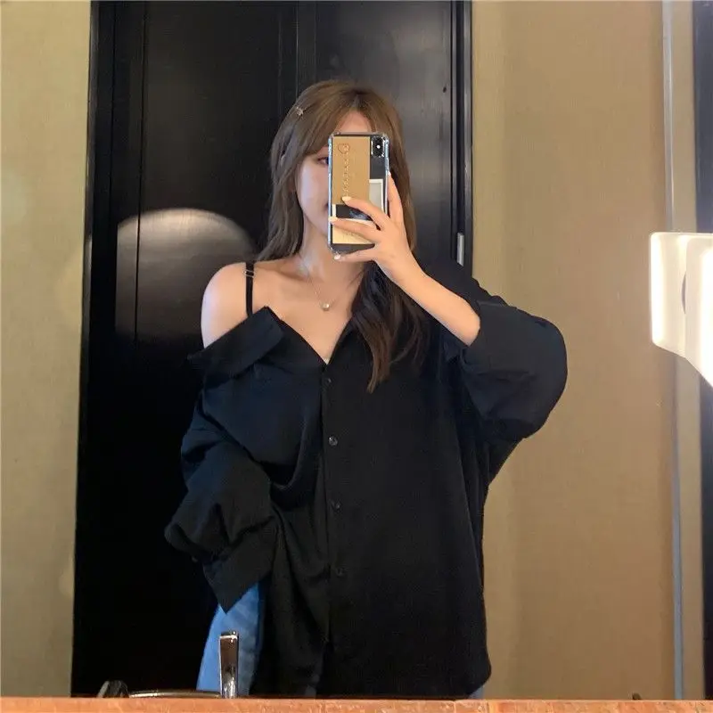 Top Trends: Deeptown Women Blouses Casual Korean Style Off Shoulder Long Sleeve Shirts White Black Oversized Youth Fashion Streetwear Chic Shoppable Styles