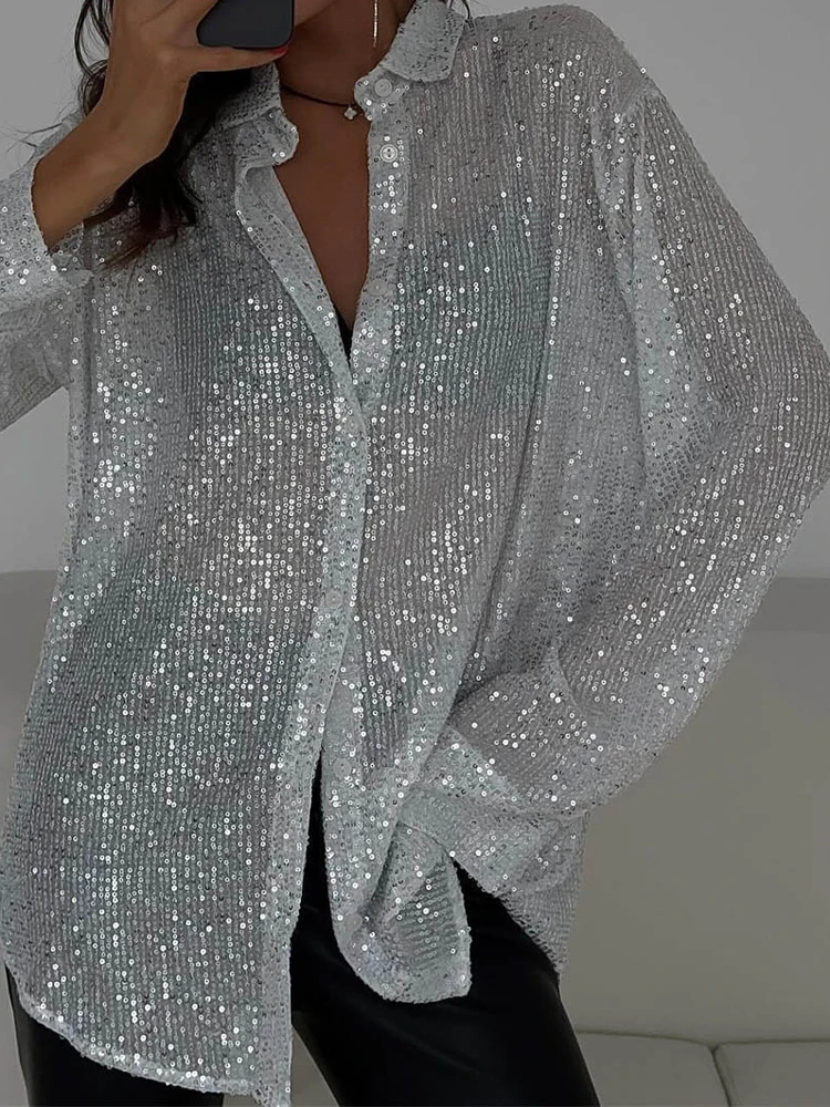 Top Trends: Tossy Sequin Loose Fashion Shirts Female Casual Lapel Cardigan Summer Clothes New Outwear Glitter Party Blouse Luxury Women's Shoppable Styles - Image 3