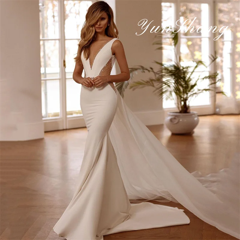 Top Trends: Yunshang Elegant Wedding Dress Women 2024 Mermaid Open Back V-Neck Side Split Beading Bridal Gown Sweep Train Vestidos De Novia Shoppable Styles