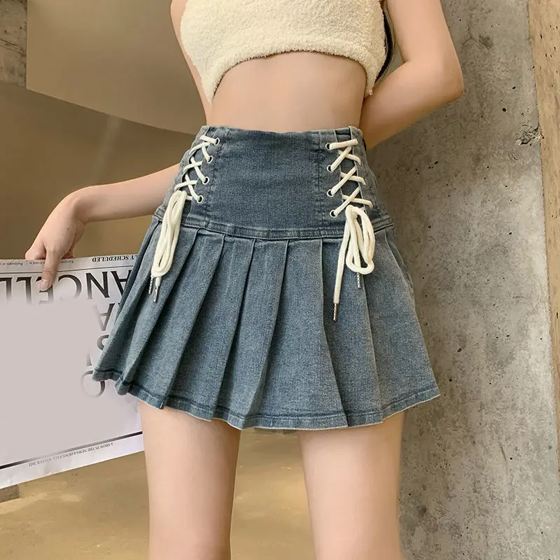 Top Trends: HOUZHOU Pleated Denim Skirt Women Korean Fashion Kawaii Lace-up High Waist A-line Sexy Jeans Skirt Casual Streetwear Summer Shoppable Styles