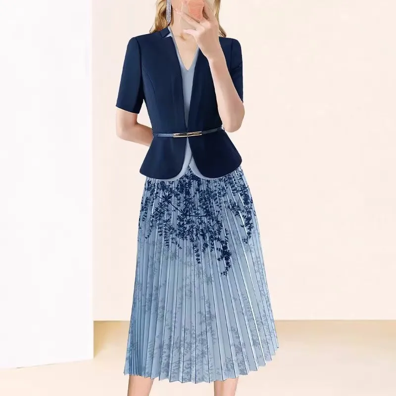 Top Trends: Summer Two Piece Set Outfits For Women 2023 Elegant Office Ladies Work Suit+ Floral Printed Pleated Long Skirt Sets 2 Piece Shoppable Styles