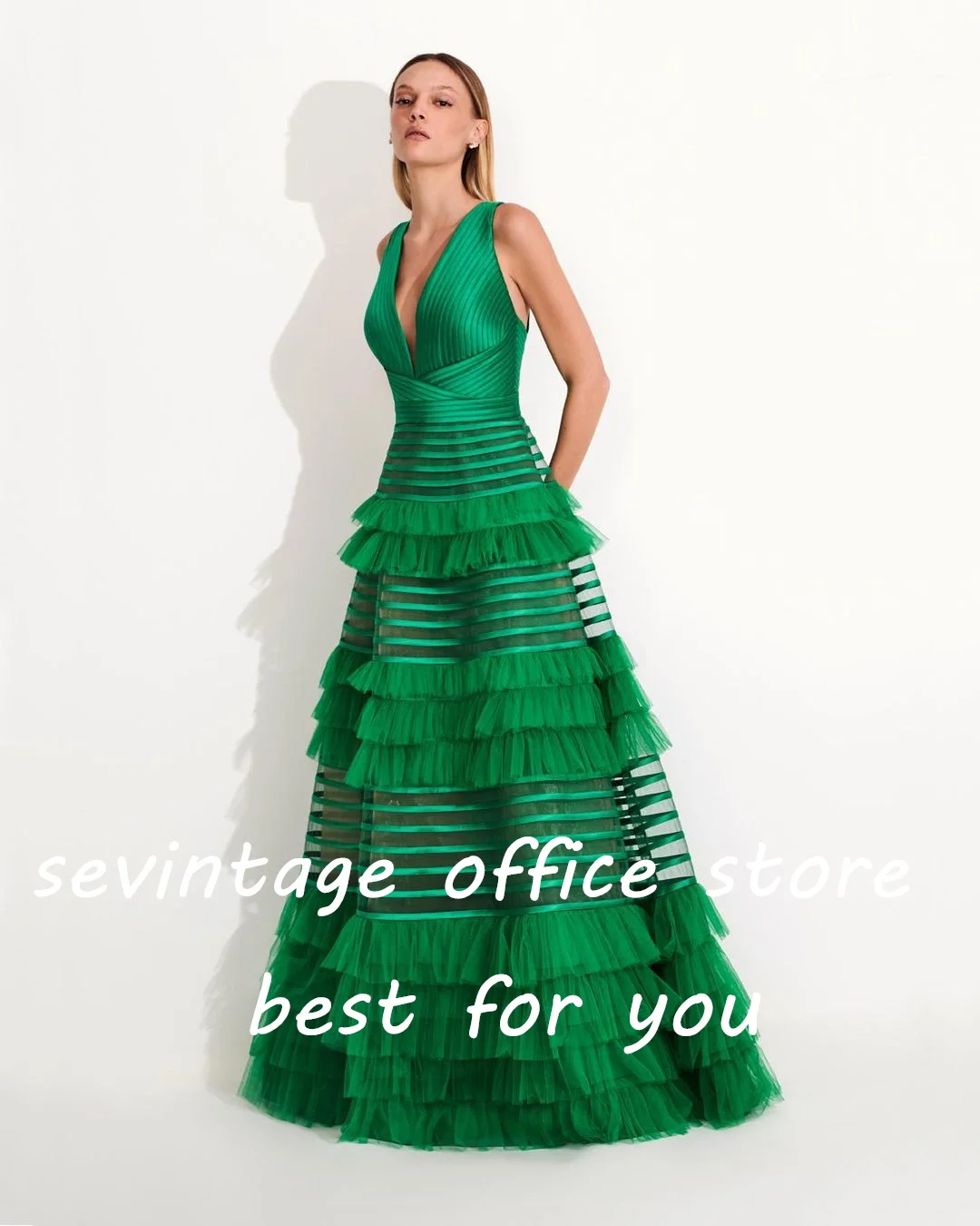 Top Trends: Sevintage Green Prom Dresses V-Neck Sleeveless Tiered Ruffles Tulle Pleat Ruched A-Line Evening Gowns Special Occasion Gown 2023 Shoppable Styles - Image 4