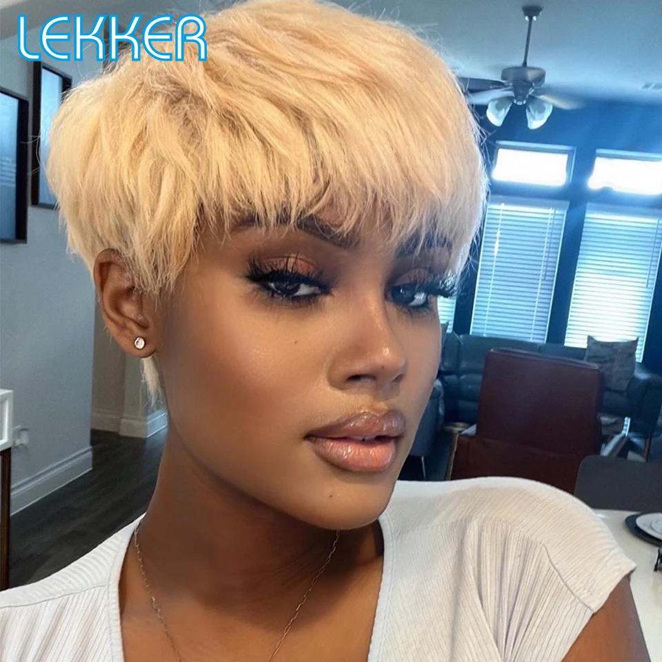 Top Trends: Lekker 613 Blonde Short Pixie Human Hair Wig With Bangs For Women Brazilian Remy Hair Colored Straight Bob Wear And Go Easy Wig Shoppable Styles