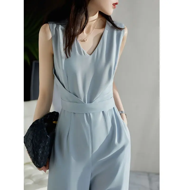 Top Trends: Bohemian Fashion Sleeveless Jumpsuits Women&#039;s Fashion 2024 Summer Thin Solid Color High Waist Zipper Pockets Wide Leg Pants Set Shoppable Styles