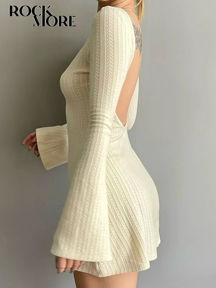 Top Trends: Rockmore Solid High Quality Knitted Backless Dresses For Women Autumn Winter 2023 Elegant Long Sleeve Bodycon Mini Dress Casual Shoppable Styles