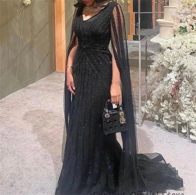 Top Trends: SUMNUS Luxury Elegant Mermaid Evening Party Dress Black Arabic Long V-Neck With Cape Sequined Formal Prom Dresses Robe De Soiree Shoppable Styles - Image 2