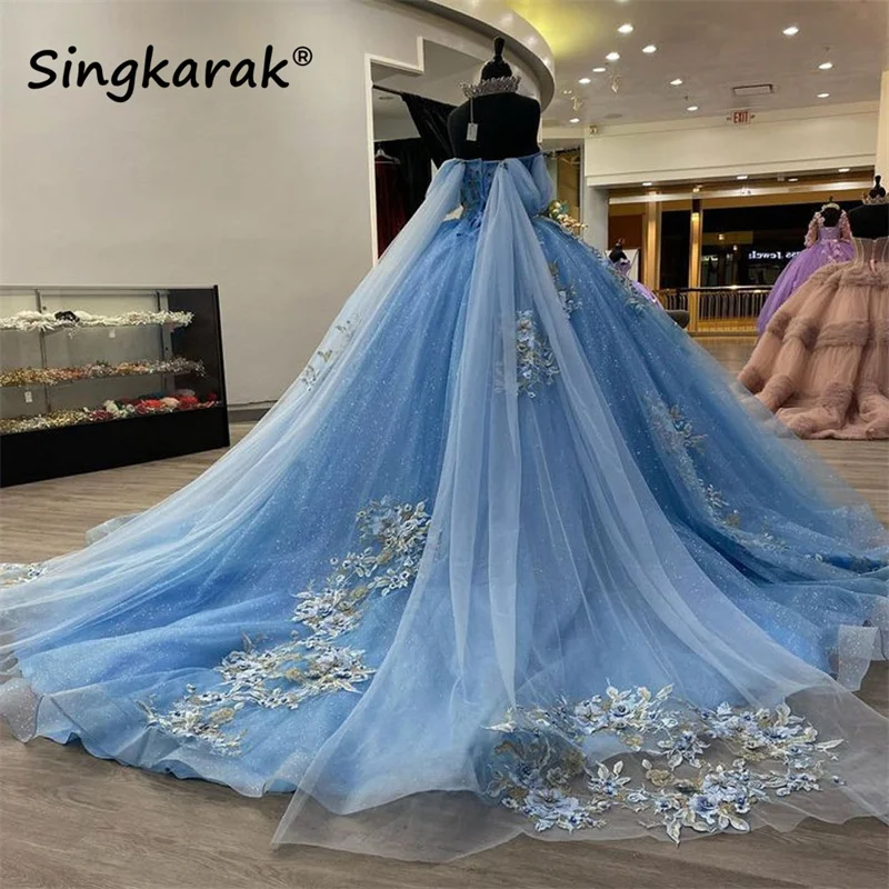 Top Trends: Sky Blue Stunning Princess Sweet 16 Quinceanera Dresses Flower Applique Pearls Crystals Ball Gown Vestido De 15 Anos Lace-Up Shoppable Styles