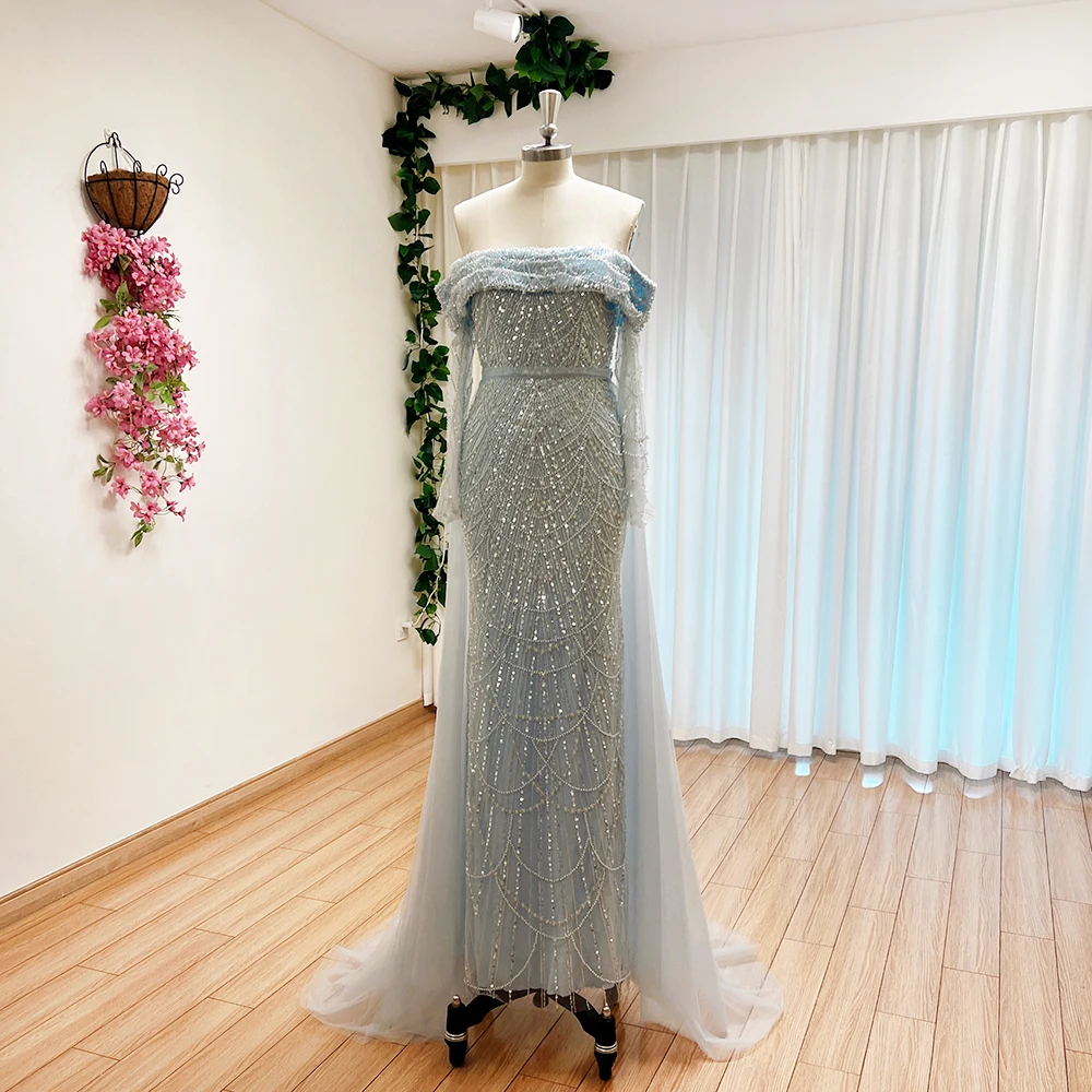 Top Trends: Elegant Sky Blue Mermaid Pearls Evening Dress For Women 2024 Long Sleeves With Detachable Train Formal Prom Wedding Party Gowns Shoppable Styles