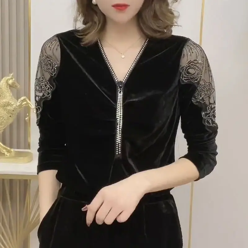 Top Trends: Elegant V-Neck Zipper Shirt Fashion Folds Diamonds Female Clothing Solid Color Autumn Winter Long Sleeve Gauze Hollow Out Blouse Shoppable Styles