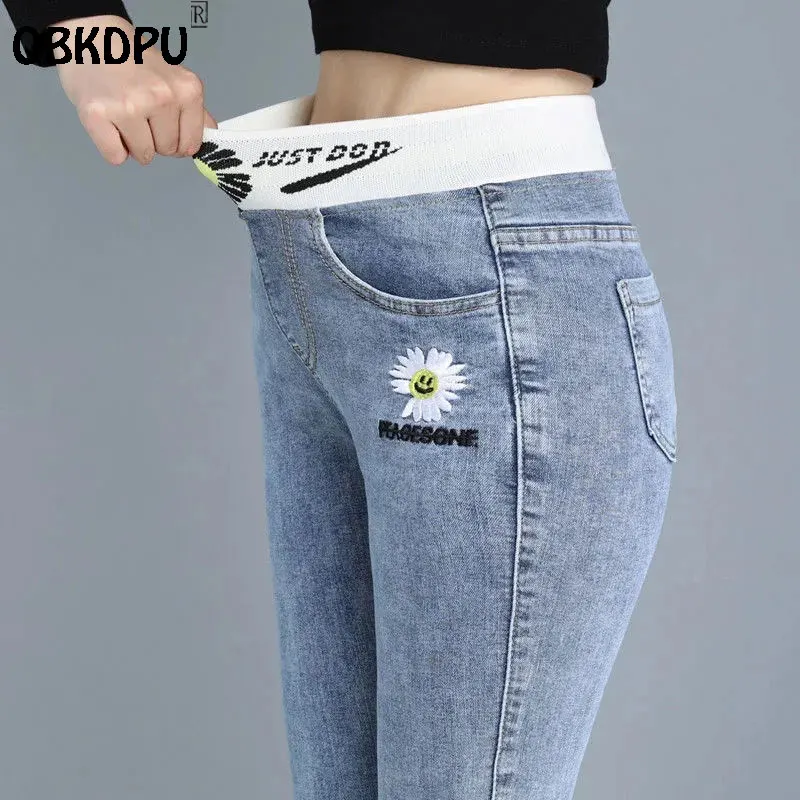 Top Trends: Oversize 34 High Waist Stretch Jeans Women Fashion Daisy Embroidery Skinny Pencil Vaqueros Casual Denim Leggings Cowboy Pants Shoppable Styles