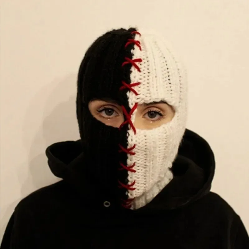 Top Trends: Terrifying Ghost Knitted Winter Balaclava Bucket Hat Full-Head Halloween Cosplay Black And White Stitching Balaclava Shoppable Styles