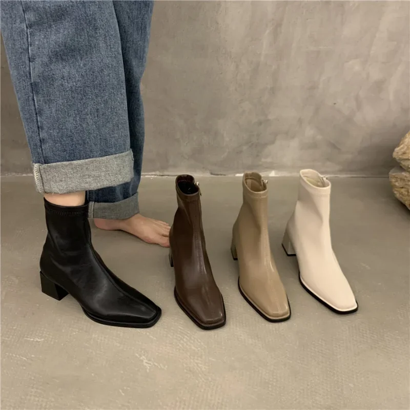 Top Trends: Square Toe Women Ankle Boots Flock Stretch Shoes Thin Mid Heels Black / Brown / Beige Back Zipper Dress Sock Boots Woman Size 35-40 Shoppable Styles - Image 3