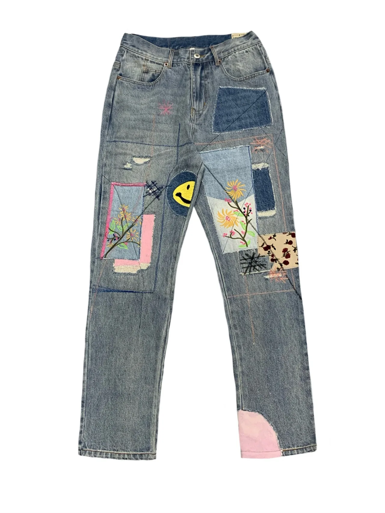 Top Trends: Kapital Vintage Hirata Hiroshi Spliced Sweet Face Patch With Holes Embroidered High Street Trendy Denim Pants Shoppable Styles