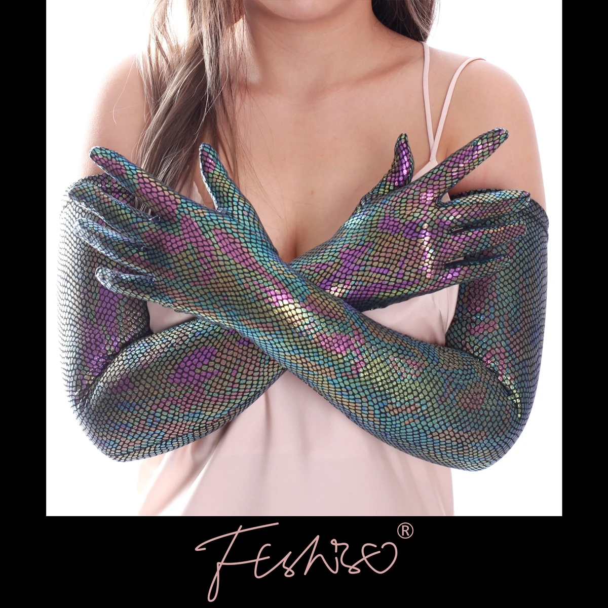 Top Trends: Ftshist Stamping Foiled 70cm Long Gloves Elastic Elbow Glossy Metallic Color Glove Dazzling Snakeskin Pattern Scales Accessories Shoppable Styles