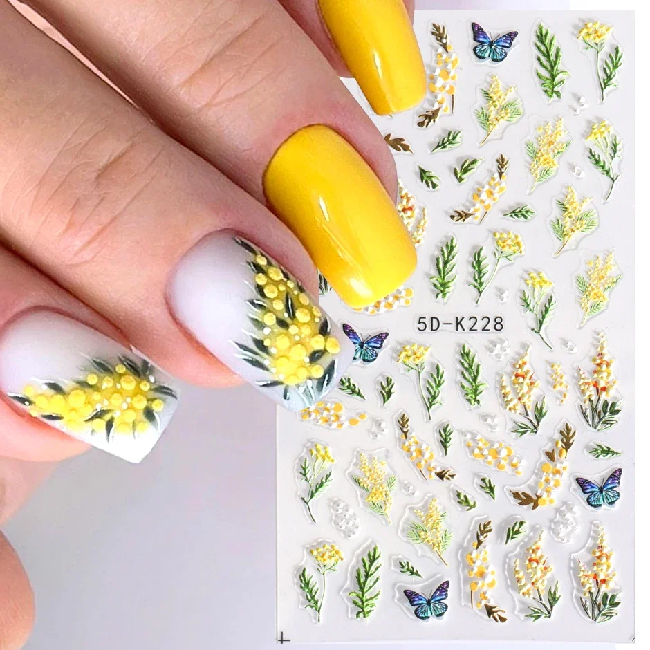 Top Trends: 5D Yellow Mimosa Textured Nail Sticker Decal Simple Flowers Butterfly Design Acrylic White Embossed Sliders Manicure Decor LY5DK Shoppable Styles