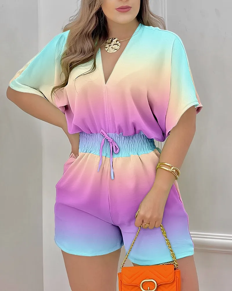 Top Trends: Fashion Print Jumpsuit For Women Playsuits Summer Casual V-Neck Short Sleeve Loose Waist Drawstring Pleated Jumpsuit Streetwear Shoppable Styles