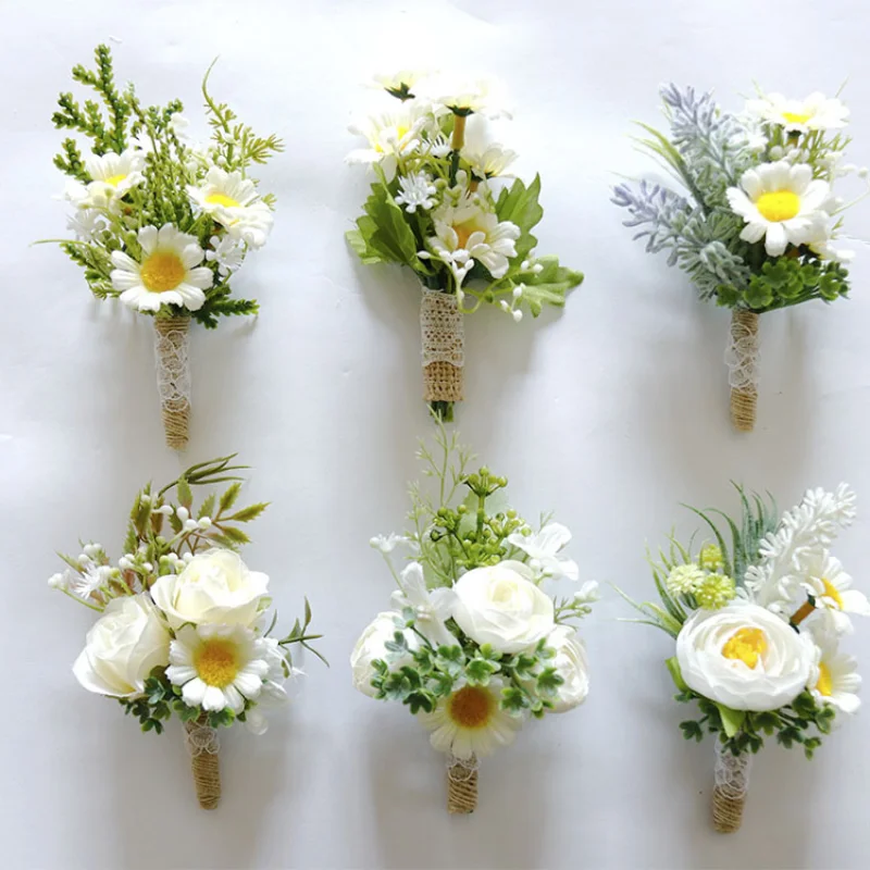 Top Trends: White Artifical Daisy Flowers Wrist Corsage Bridesmaid Brooch Men Boutonnieres Wedding Accessories Shoppable Styles - Image 5