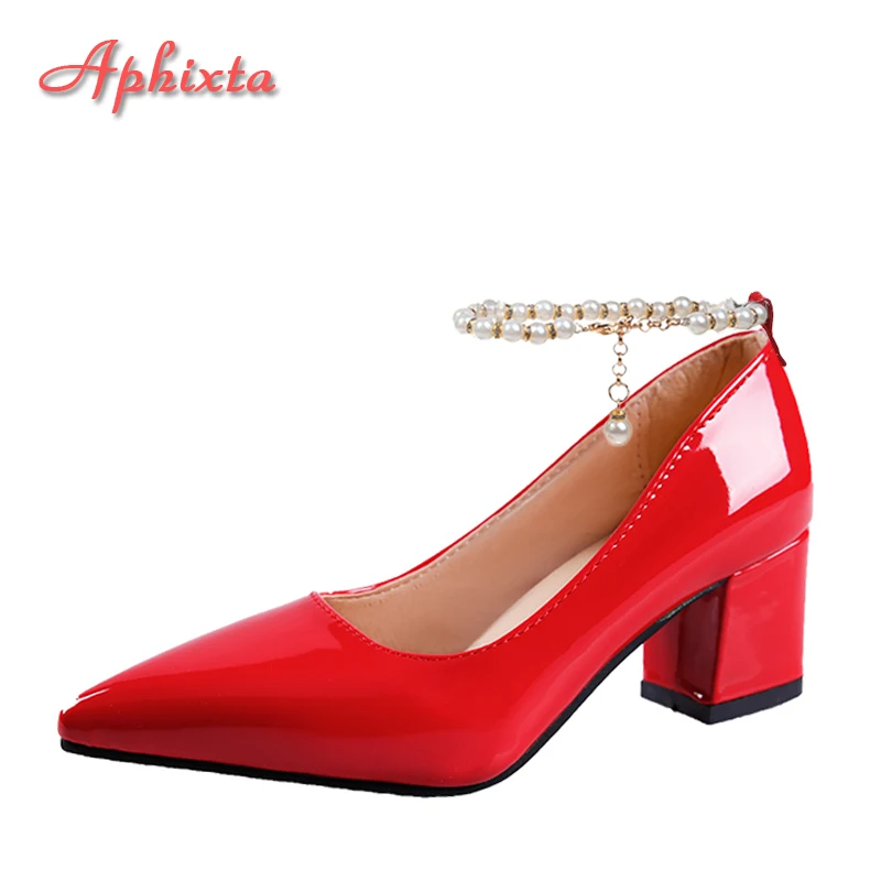 Top Trends: Aphixta 5cm 7cm Chunky Heels Women Pumps Crystals Pearl Chain Ankle Strap Shoes Leisure Fashion Patent Leather Plus Size 30-50 Shoppable Styles - Image 3