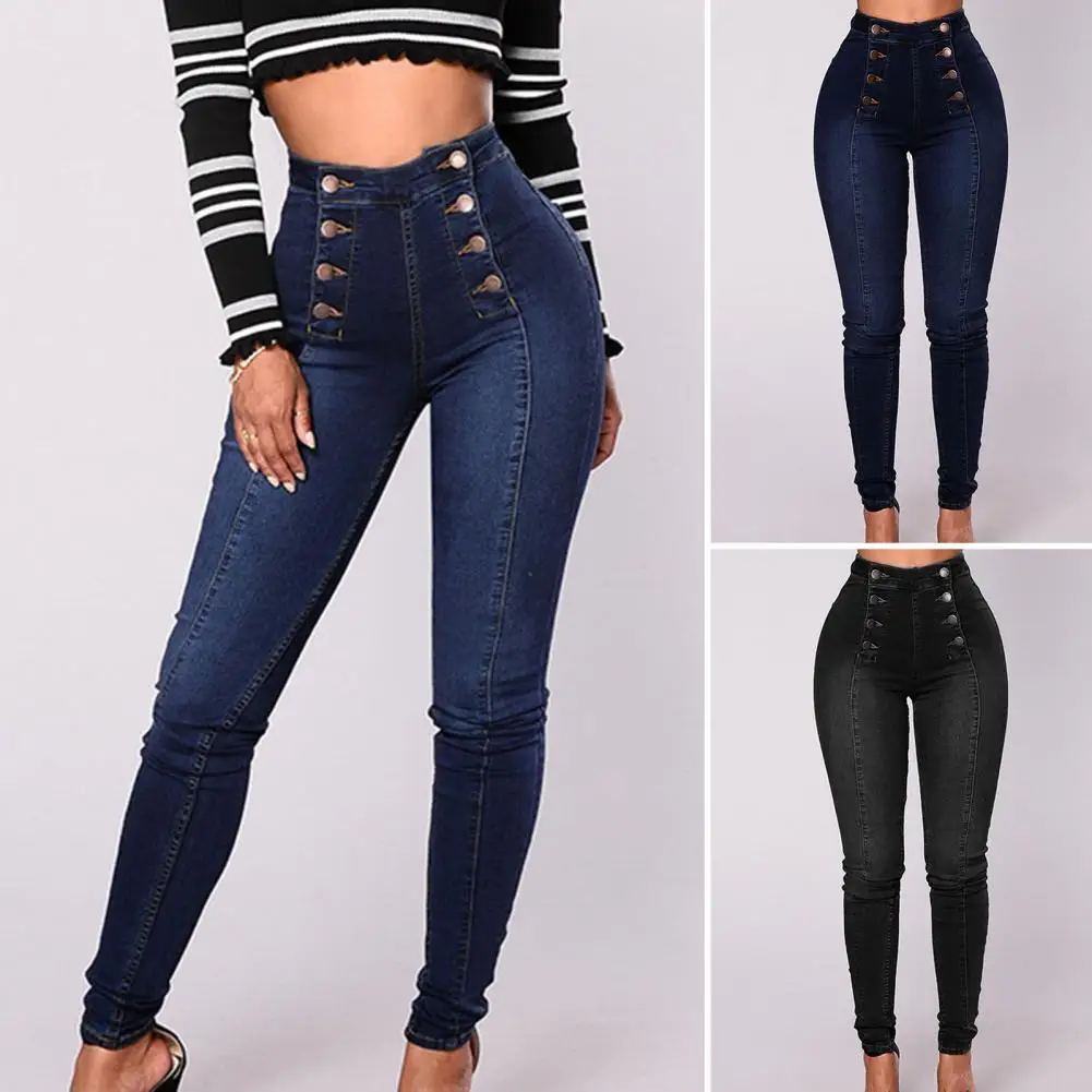 Top Trends: High Waist Buttons Decoration Shaping Women Jeans Pockets Push Up Fashion Skinny Double-breasted Pencil Jeans Streetwear Shoppable Styles